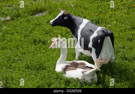 Echte Gans & Kunststoff Kuh, Carrickfergus, Nordirland. Stockfoto