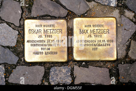 Stolpersteine, Stolpersteine als Gedenktafeln zur Erinnerung an jüdische Opfer des Nationalsozialismus in Berlin, Sopienstrasse Stockfoto