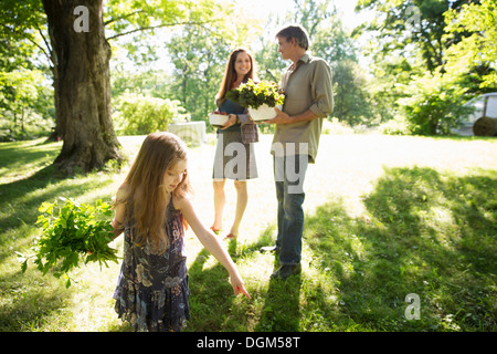 Bio-Bauernhof. Zwei Erwachsene tragen Kartons aus frischem Gemüse und Pflanzen. Eine Mädchen mit Trauben von frischen Kräutern. Stockfoto