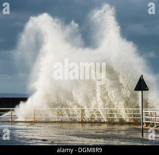 Aberystwyth, Wales UK, Mittwoch 23 Oktober 2013 Gale zwingen, eine Flut, Wind und stürmischer See bringen riesige Wellen, die in der Promenade am Aberystwyth an der Westküste Wales, UK. Stürmisches Wetter hat in ganz Großbritannien mit mehr auf dem Weg nach Berichten gefegt. Bildnachweis: Keith Morris/Alamy Live-Nachrichten Stockfoto