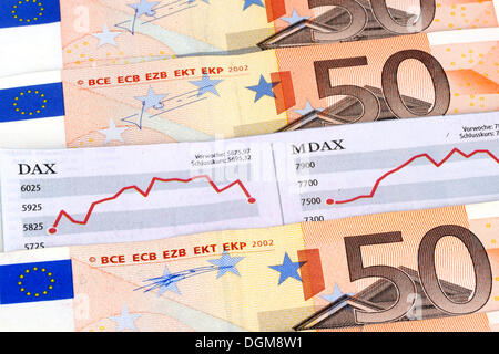 DAX, MDAX Aktien Chart, 50 Euro-Banknoten, Papiergeld, symbolisches Bild für Aktienmarkt Gewinne, Verluste der Börse