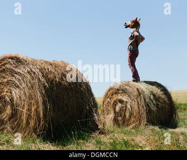 Ein Mann trägt eine Maske Pferd, stehend auf einem Heuballen, Blick auf Ackerland. Stockfoto