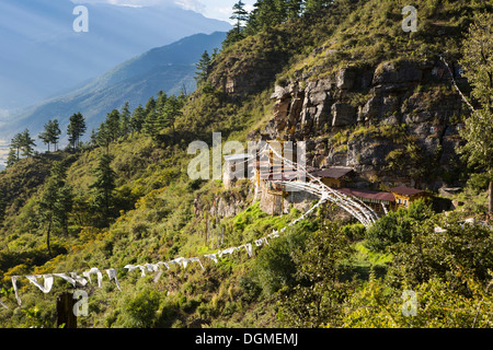 Bhutan, Paro Gom, Dra, Einsiedelei von Niederwerfungen Mann, Tempe Drodul Norbu Gyeltshen Stockfoto