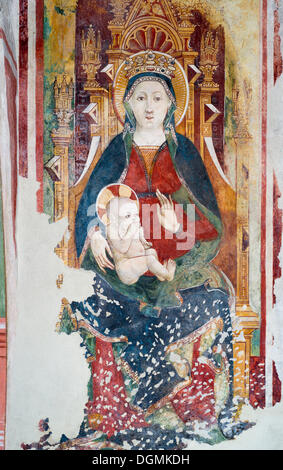Madonna mit Kind, Fresko aus dem 15. Jahrhundert im romanischen Kirche, 1000 n. Chr. Gemonio, Provinca di Varese, Lombardei, Italien Stockfoto