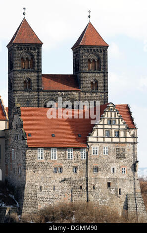 Schloss und St. Servatii Abteikirche, Schlossberg, Quedlinburg, Harz, Sachsen-Anhalt Stockfoto