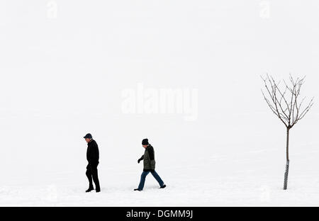 Zwei Männer gehen in den Schnee, einer nach dem anderen mit langen Schritten, Harz, Sachsen-Anhalt Stockfoto