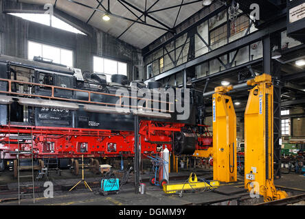 Historische Dampflokomotive in das Werkstattgebäude, Depot des HSB, Harzer Schmalspurbahnen-Schmalspurbahn, Wernigerode Stockfoto