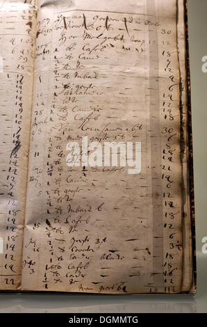 Historische Notebook, Ledger aus dem Handelsgeschäft von Friedrich Jodocus Krupp, 18. Jahrhundert, Ausstellung in der Villa Hügel Stockfoto