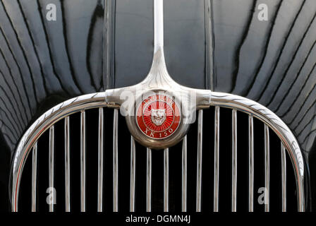 Jaguar XK 150, Kühlergrill mit Logo, britische Oldtimer von 1957 Stockfoto