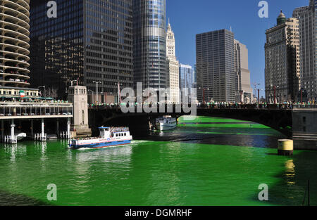 Chicago River grün gefärbt, am St. Patricks Day, Chicago, Illinois, USA Stockfoto