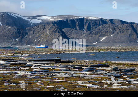 Blick vom Amsterdamøya in Richtung Danskøya, Expedition Kreuzfahrt Schiff, MS Ocean Nova, hinten, Treibholz im Vordergrund Stockfoto