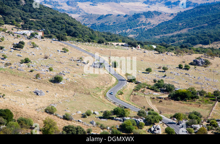 Von Grazalema Dorf gesehen Straße führt durch die Landschaft des Naturparks Sierra de Grazalema, Provinz Cadiz, Spanien Stockfoto