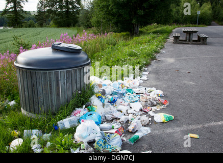 Highway Rest Stop Bereich Papierkorb überfüllt in Summertime, Finnland Stockfoto