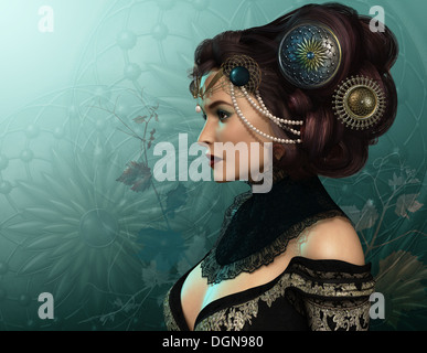 3D Computergrafik eine Brünette Frau mit Phantasie Frisur Stockfoto