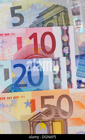 Fünf, zehn, zwanzig und fünfzig Euro Währung Geldscheine Geld zahlen. Stockfoto