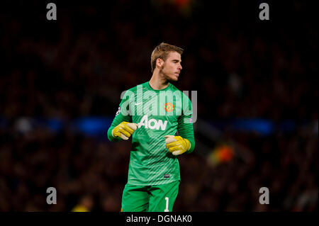 Manchester, UK. 23. Oktober 2013. Man Utd Torhüter David De Gea sieht in der ersten Hälfte der UEFA-Champions-League-Gruppe A Fußballspiel zwischen Manchester United gegen Real Sociedad im Old Trafford frustriert. Bildnachweis: Aktion Plus Sport/Alamy Live-Nachrichten Stockfoto