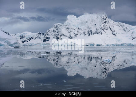 Vergletscherte Berge spiegeln sich in Paradise Bay, antarktische Halbinsel, Antarktis Stockfoto
