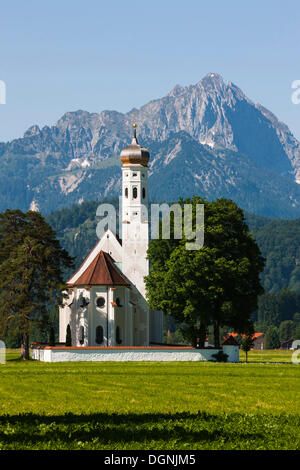 Barocke Kirche St. Coloman vor der Tannheimer Berge, Schwangau, Ostallgäu, Allgäu, Schwaben, Bayern, Deutschland Stockfoto