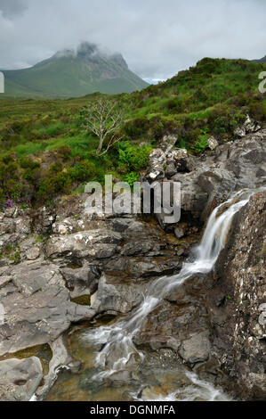 Sgurr Nan Gillean von Sligachan, Wasserfälle in einer bergigen Landschaft, Schottland, Isle Of Skye, Schottland, Vereinigtes Königreich Stockfoto