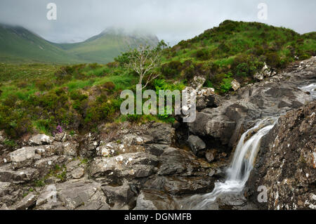 Sgurr Nan Gillean von Sligachan, Wasserfälle in einer bergigen Landschaft, Schottland, Isle Of Skye, Schottland, Vereinigtes Königreich Stockfoto