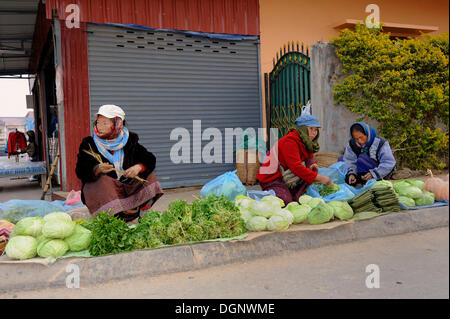 Marktfrauen, Verkauf von Gemüse auf dem Markt in Phonsavan, Laos, Südostasien, Asien Stockfoto