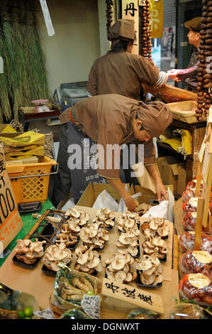 Verkäufer bietet Matsutake, Kiefer Pilze (Tricholoma Matsutake), sehr teuren Pilze, Nishiki Markt, Kyoto, Japan Stockfoto