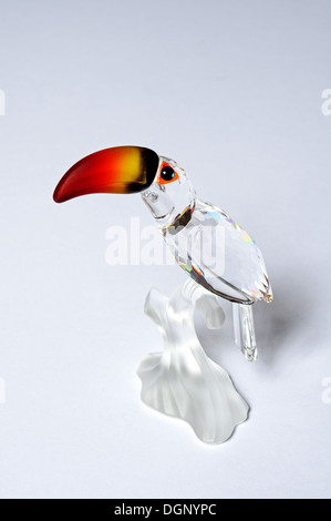 Glas Kristall Toucan sitzt auf einem Ast vor einem einfarbigen Hintergrund. Stockfoto