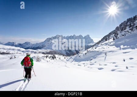 Skilangläufer absteigender Juribrutto Berg, mit Blick auf die Pala-Gruppe, Passo Valles Tal, Dolomiten Stockfoto