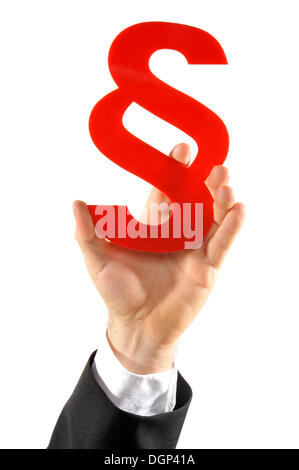 Business-Mann Hand mit Abschnitt Schild, symbolisches Bild Stockfoto