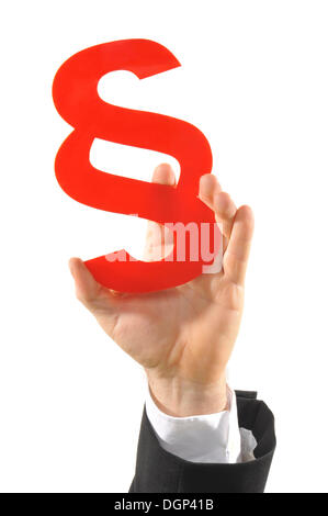 Business-Mann Hand mit Abschnitt Schild, symbolisches Bild Stockfoto