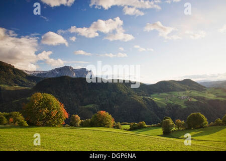 Blick über das Val Gardena-Tal in Richtung der Seiser Alm und Schlern Berg, Dolomiten, Trentino-Alto Adige, Italien, Europa Stockfoto