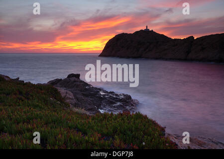 L'lle-Rousse-Halbinsel mit Da le Pietra Leuchtturm bei Sonnenuntergang, Korsika, Frankreich, Europa Stockfoto