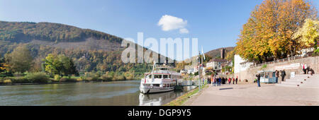 Ausflugsschiff auf dem Neckar, Neckarsteinach, Baden-Württemberg Stockfoto