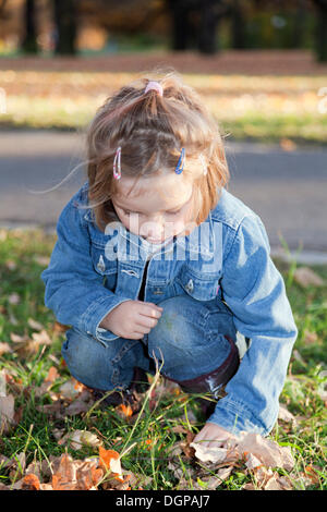 Vier-jährigen Mädchen sammeln Eicheln im Herbst park Stockfoto