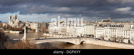 Blick über die Seine-Brücke in Richtung Île De La Cité mit Kathedrale Notre-Dame de Paris, Paris, Ile de France, Frankreich Stockfoto