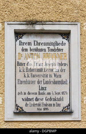 Gedenktafel am Geburtshaus von Anton Bruckner, Ansfelden, Traunviertel Region, Oberösterreich, Österreich, Europa Stockfoto