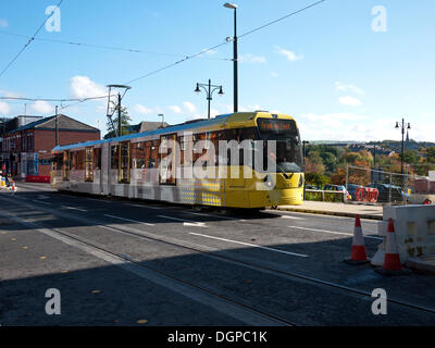 Oldham, größere Manchester, UK. 24. Oktober 2013. Prüfung von neuen Metrolink-Straßenbahn durch Oldham. Dieser Abschnitt ist für einige Zeit im Jahr 2014 geplant. Bildnachweis: Jozef Mikietyn/Alamy Live-Nachrichten Stockfoto