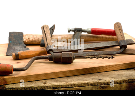 alten benutzten Werkzeuge auf dem Schreibtisch aus Holz Stockfoto