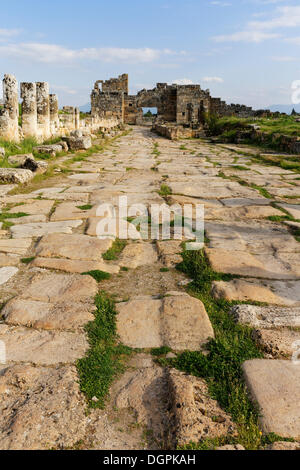 Arcade und das byzantinische Tor, antiken Stadt Hierapolis, Hierapolis, in der Nähe von Pamukkale, Provinz Denizli, ägäische Region, Türkei Stockfoto