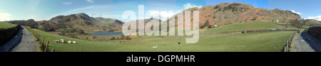 Panorama der kleinen Langdale, Lake District, UK, von der Ausfahrt der Straße und Farm Track. Stockfoto