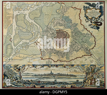 Österreich. Wien. Plan der ummauerten Stadt mit Prater und Donau. Kupferstich, 1720. Stockfoto