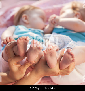 Beine Neugeborene in der Hand der Eltern. Zwillinge auf eine rosa Decke liegen. Stockfoto