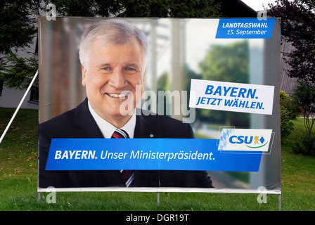 Plakatwerbung der CSU für den bayerischen Ministerpräsidenten Horst Seehofer für Landtagswahl in Bayern am 15.09.2013. Stockfoto