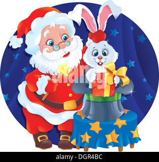 Santa Claus der Magier und niedlichen Kaninchen im Hut Stockfoto