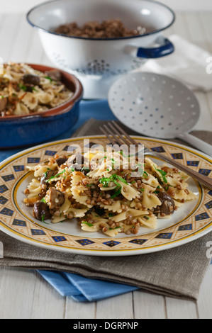 Kascha Varnishkes. Buchweizen und Pasta Gericht mit Champignons und Zwiebeln. Stockfoto