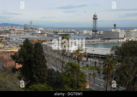 Mit Blick auf Maremagnum und der Küste von Barcelona, Spanien, Europa Stockfoto