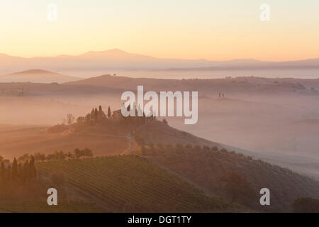 Morgen-Stimmung, Blick Richtung Podere Belvedere, San Qurico d ' Orcia, UNESCO Welt Kultur Erbe Website, Toskana Stockfoto