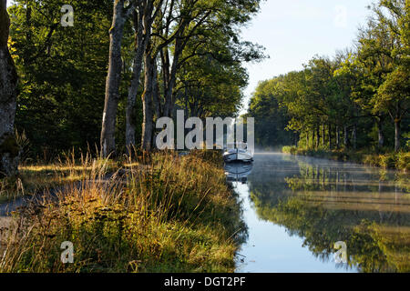 Hausboot auf dem Canal des Vosges, früher Canal de l ' est, bei PK 100,5, Abend-Stimmung, Girancourt, Epinal, Lothringen Stockfoto