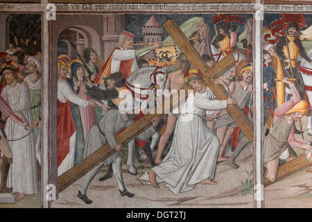 Wandmalerei "Passion Christi" in die Wallfahrtskapelle Sanctuaire Notre-Dame des Fontaines, La Brig, Département Stockfoto