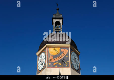 Detail der alten Uhrturm, 16. Jahrhundert Schloss komplexe Burghausen, Burg Nr. 48, Burghausen, Oberbayern Stockfoto